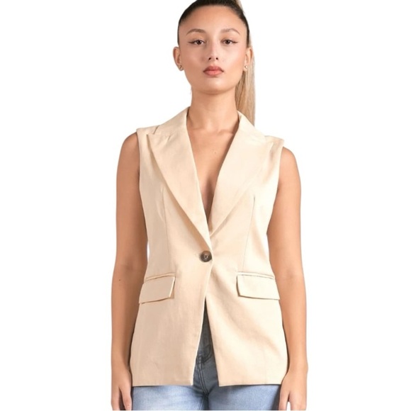 Elan Elle Taylor Long Vest in Beige One Button Collared Pockets Closure Size M - Picture 1 of 15